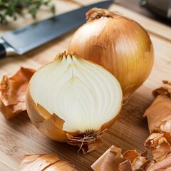 Two yellow onions on a wooden cutting board, one sliced in half, revealing its layers. A knife is partially visible in the background. Simple, rustic food photography.