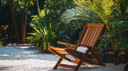 Obraz premium Sun Lounger, A wooden lounge chair on a patio with a blurred green garden in the background