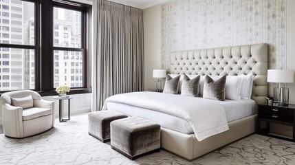 Fototapeta premium A stylish white bedroom with a statement wall, plush bedding, and modern decor elements that combine comfort with contemporary design.