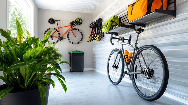 Organized and functional garage workshop with wall mounted racks for tools and equipment along with storage space for a bicycle and other hobby gear  The clean