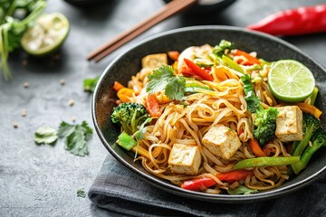 Delicious thai stir-fried noodles with vegetables restaurant style vibrant culinary delight indoor dining close-up view authentic thai cuisine experience