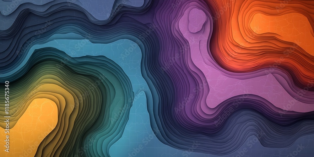 Poster captivating fluid rainfall map featuring complex topographic contours and a vivid color spectrum gen