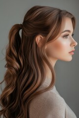Naklejka premium Long, wavy brown hair styled in a sleek ponytail showcases details of hair care and styling techniques in a soft, gray backdrop
