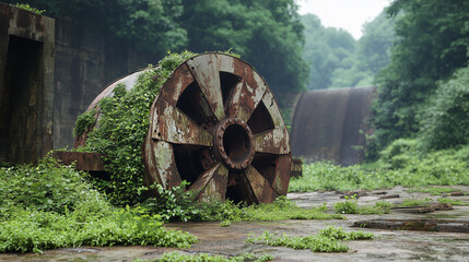 Historical neglect captured in rusted and mossy machinery