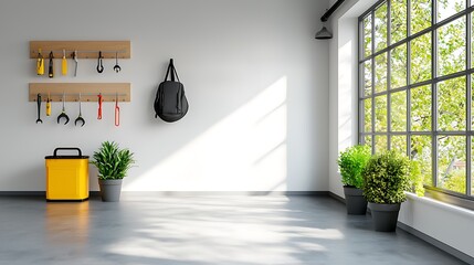 Organized and Efficient Utility Room with Wall Mounted Hooks for Tools and Equipment  Clean Functional Interior Design for Garage Workshop or Home Organization