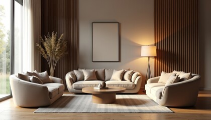 A 3D-rendered stock photo of a stylish and comfortable lounge area with plush sofas, a round coffee table, and floor lamps.