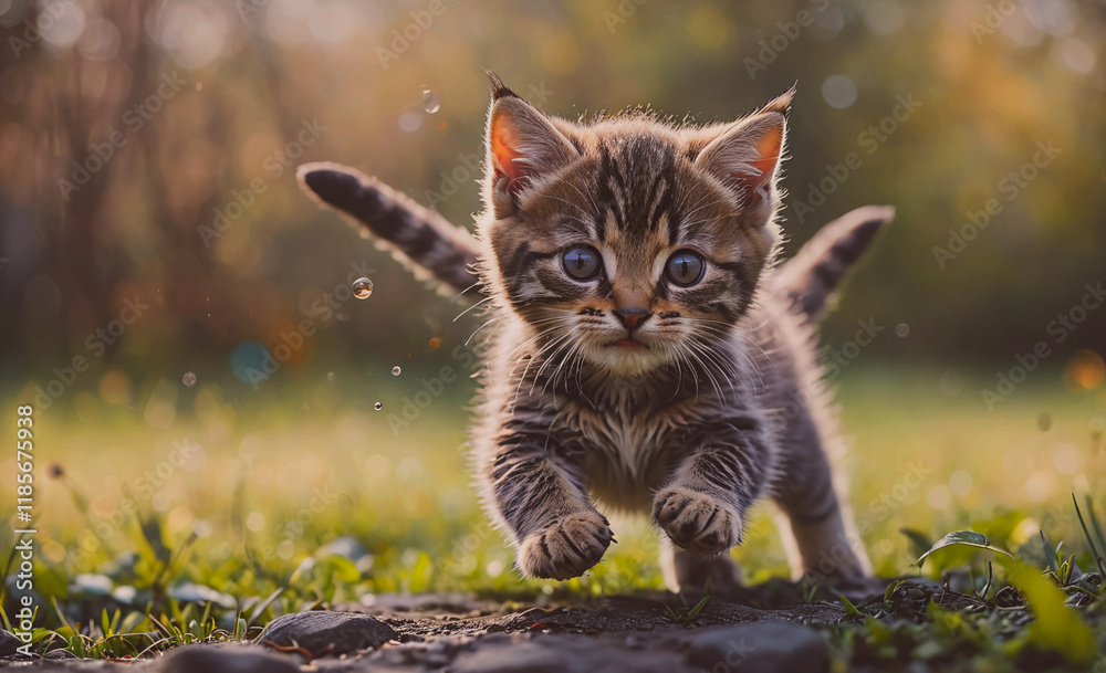 Poster kitten is running in the grass. it has a black and white striped tail. the kitten is looking at the 