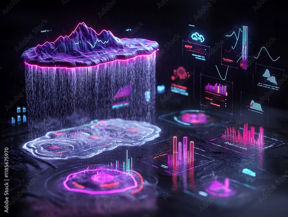 Poster captivating fluid topographic rainfall map with vivid atmospheric data visualizations and dynamic we