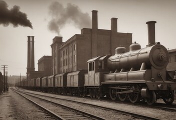 Naklejka premium Black and white photo of a factory with smoke from chimneys