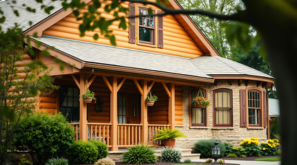 A log cabin-style house with a wraparound porch, stone foundation, and landscaping. The house features brown stained logs, dark brown window shutters, and hanging flower baskets.