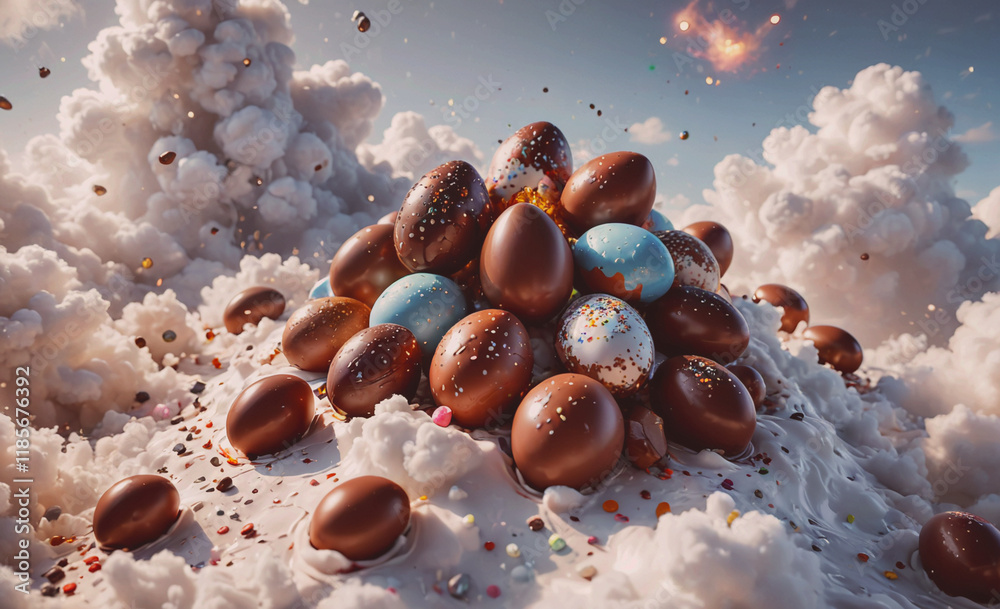Aufkleber pile of chocolate eggs on top of a white surface. there are many different colored eggs in the pile