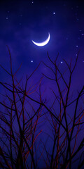 Bare tree branches against a night sky with a crescent moon and stars