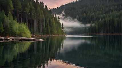Tranquil lakeside scene at twilight, with a small boat drifting on the water, surrounded by pine forests