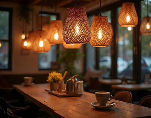 Warm Cafe Atmosphere Rattan Lamps Hanging Wooden Table Setting