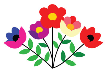 Colorful floral bouquet illustration in modern flat design, perfect for packaging, decoration, and creative projects. Vibrant and trendy art for versatile design needs.