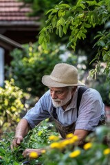 An old man is working in a garden, tending to the plants