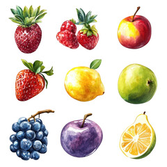 Watercolor Fruit Collection Apples Strawberries Lemon Grapes Plum