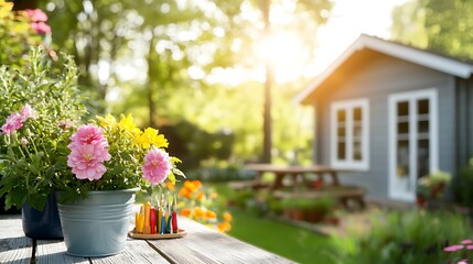 Cozy Outdoor Storage Shed with Gardening Tools and Small Decorative Flowering Plants in a Peaceful and Tranquil Country Garden Setting with Sunlight and Wooden Bench