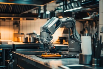 Fototapeta premium Robot chef preparing gourmet dish in modern restaurant kitchen setting