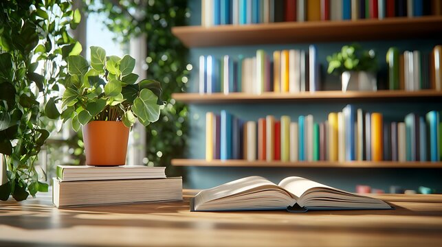 Neatly organized wooden bookshelves filled with books in a cozy minimalist study or home office setting  The shelves create a warm inviting atmosphere for reading learning and intellectual pursuits