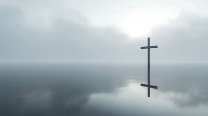 Minimalist monochrome cross on lake water with reflection, dark cloudy sky