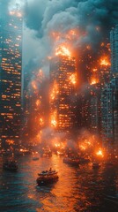Fototapeta premium A dramatic scene of burning skyscrapers with smoke and flames, reflecting chaos in an urban environment.