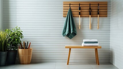 Utility storage room with wooden wall mounted hooks and shelves for neatly organizing and displaying various tools equipment and decor items  The minimalist