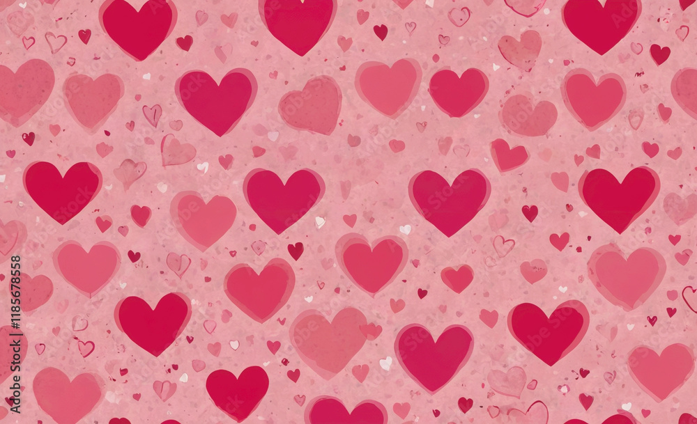 Poster pink background with many hearts. some of the hearts are large and some are small. the hearts are sc