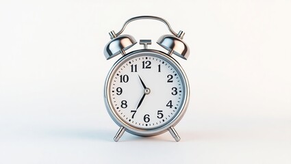 A silver bell alarm clock shows the time