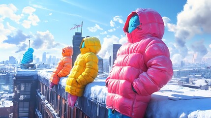 A frosty rooftop adorned with bright puffer jackets