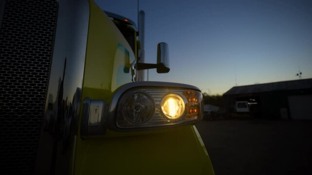 Element of Semi truck in the parking lot at evening time. Move camera