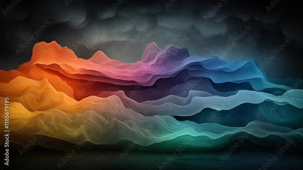 Poster enchanting fluid topographic rainfall pattern data visualization with shimmering cascades of vivid c