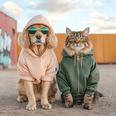 Stylish pets wearing trendy hoodies outdoors.