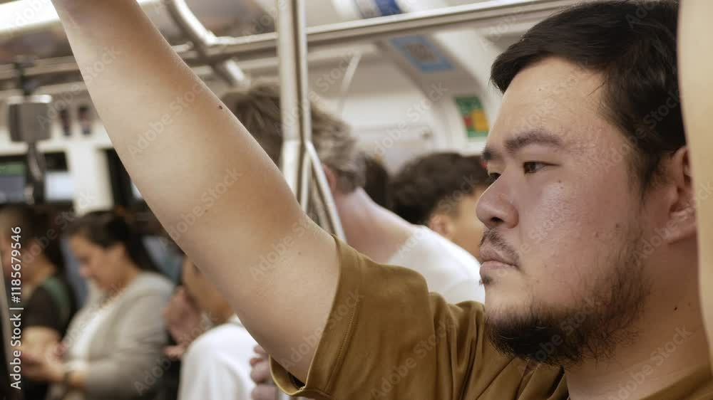 Canvas Prints view inside public transportation train commuter while an asian man holding looped handle handrails 