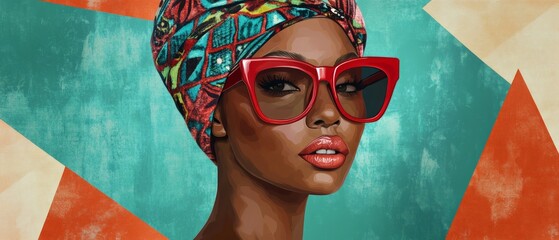 Woman with vibrant headwrap and oversized red sunglasses posing confidently against a colorful background. Fashion, style, and cultural expression in portrait photography.