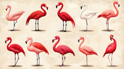 Fototapeta premium Cutout of a set of elegant pink flamingos standing gracefully