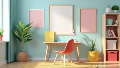 A 3D-rendered stock photo of a kids’ study room with a small desk, colorful wall art, and storage bins.