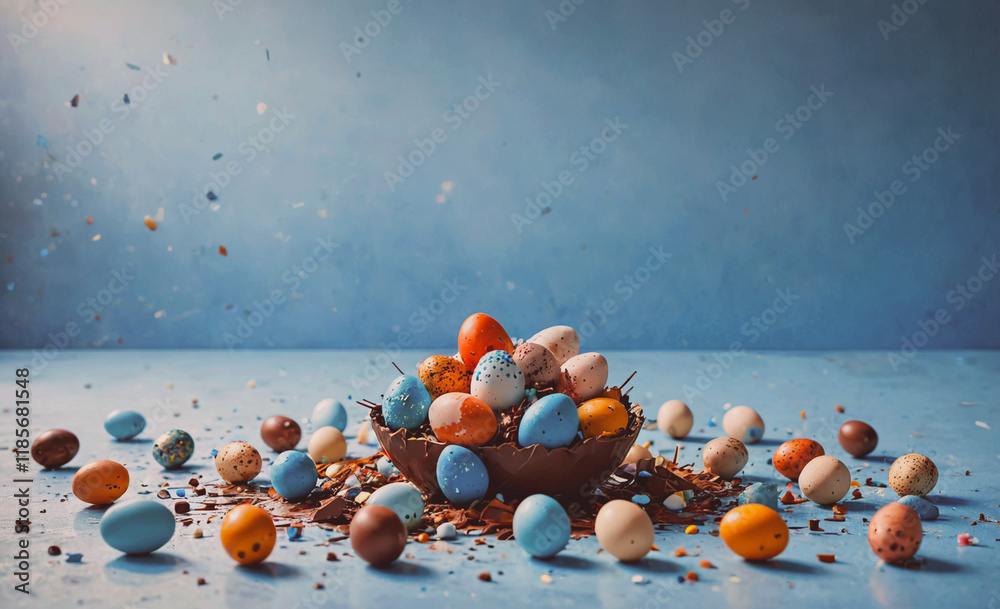 Poster bowl of chocolate eggs with a blue background. there are many different colored eggs in the bowl