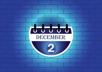 Obraz premium A digital illustration of a calendar page showing December 2nd. The page is blue and white, set against a backdrop of a blue brick wall. Clean, modern aesthetic.