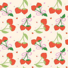 Playful Coquette Valentine Heart Strawberry Bow Seamless Pattern isolated on background