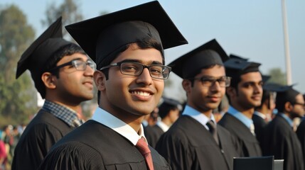 Obraz premium Happy male college students celebrate graduation outdoors with diplomas under a clear blue sky during an annual ceremony