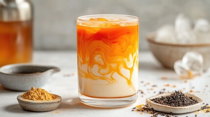 Thai tea in a glass with creamy swirls, sitting on a white table, with crushed ice and a small dish of tea powder beside it for a refreshing vibe.
