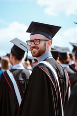 Group of students in black gowns and caps celebrating graduation with smiles under a blue sky
