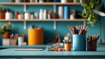 Cozy and Tidy Craft Supply Room with Neatly Arranged Shelves Workspace and Decorative Elements for a Productive and Inspiring Home or Studio Environment