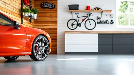 Organized garage storage room with wall mounted racks and shelves for storing various tools equipment and even a red car and bicycle