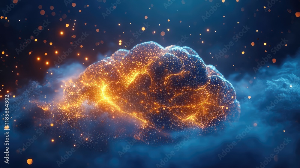 Poster abstract representation of a digital brain with glowing neural pathways on a dark blue background, p
