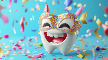 3D cartoon tooth with a dazzling carnival mask, surrounded by colorful confetti and party vibes! Perfect for celebrating dental health social media ads, promoting dental care, 