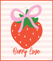 Retro Coquette Strawberry Pink Ribbon bow Berryy love Minimal Flat Design Vintage Aesthetic