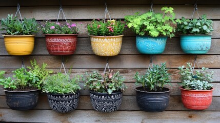 Fototapeta premium An indoor garden with various plants in decorative pots and hanging planters, creating a vibrant space for gardening ideas with plenty of copy space.