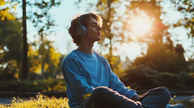 Teenager enjoys peaceful music outdoors in sunlight